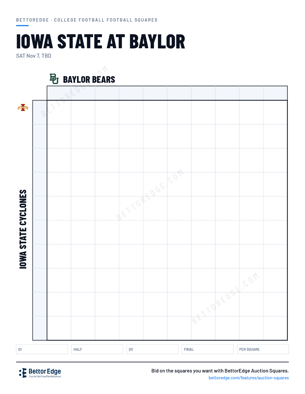 Iowa State at Baylor squares, free printable 10x10 football squares grid