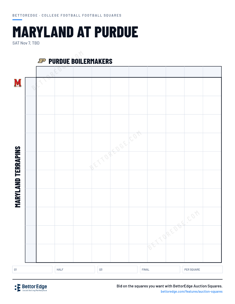 Maryland at Purdue squares, free printable 10x10 football squares grid