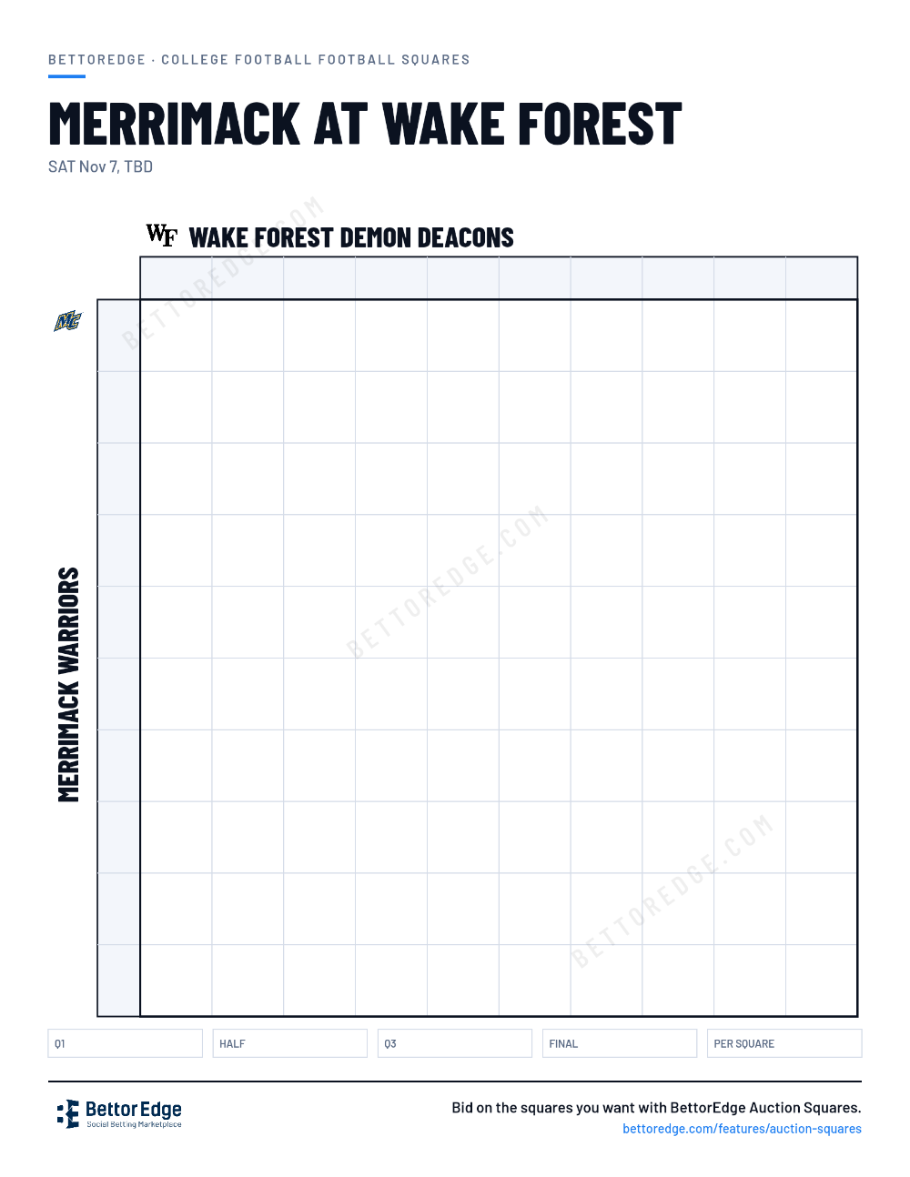 Merrimack at Wake Forest squares, free printable 10x10 football squares grid