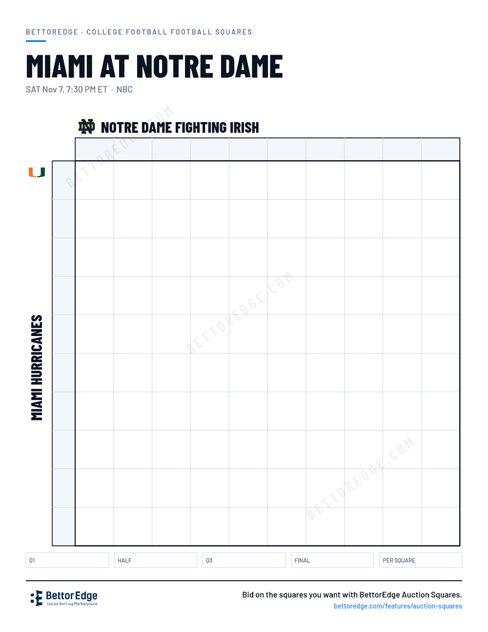 Miami at Notre Dame squares, free printable 10x10 football squares grid
