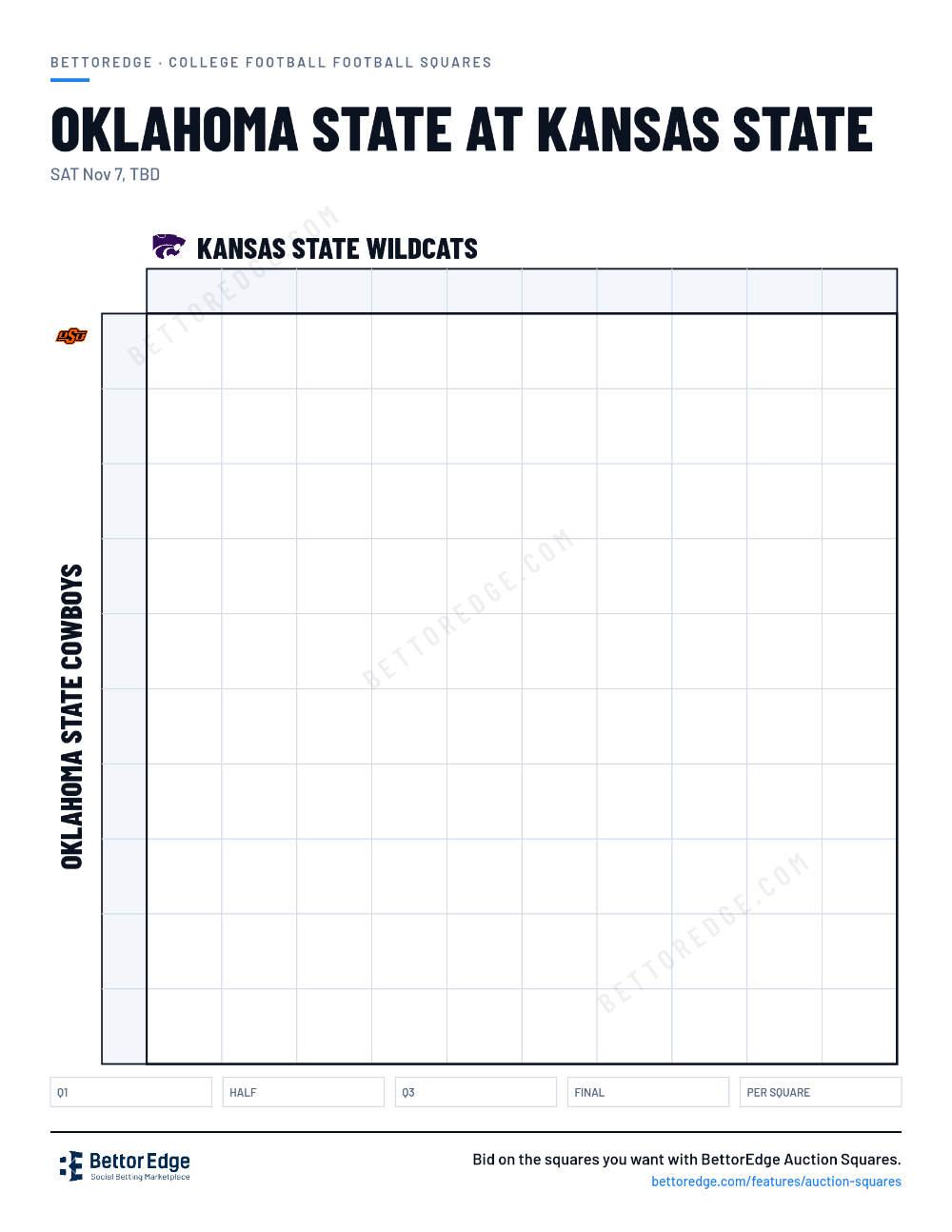 Oklahoma State at Kansas State squares, free printable 10x10 football squares grid
