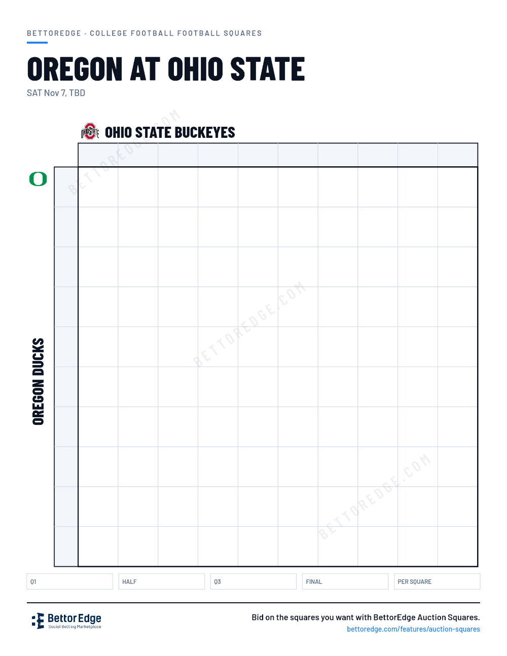 Oregon at Ohio State squares, free printable 10x10 football squares grid