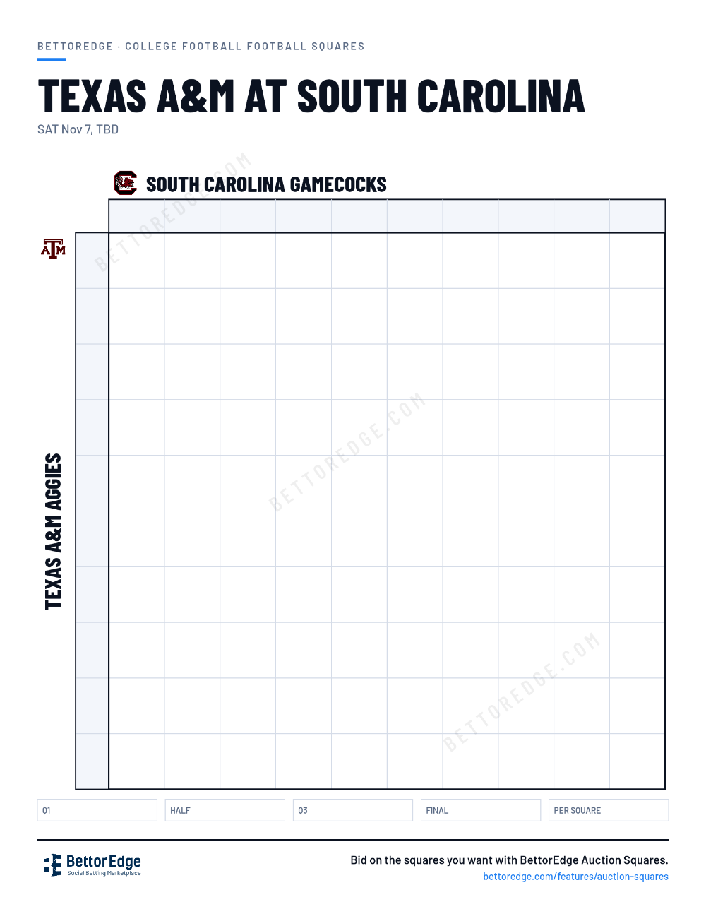 Texas A&M at South Carolina squares, free printable 10x10 football squares grid