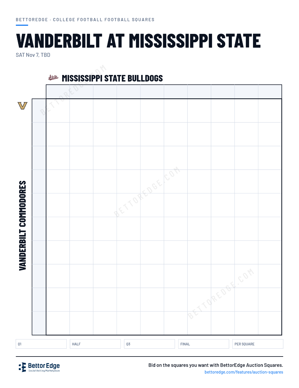 Vanderbilt at Mississippi State squares, free printable 10x10 football squares grid