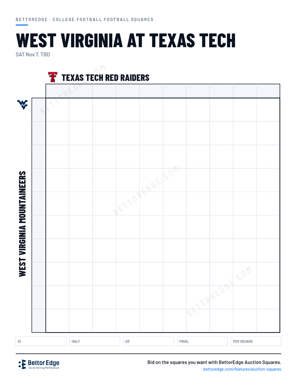 West Virginia at Texas Tech squares, free printable 10x10 football squares grid