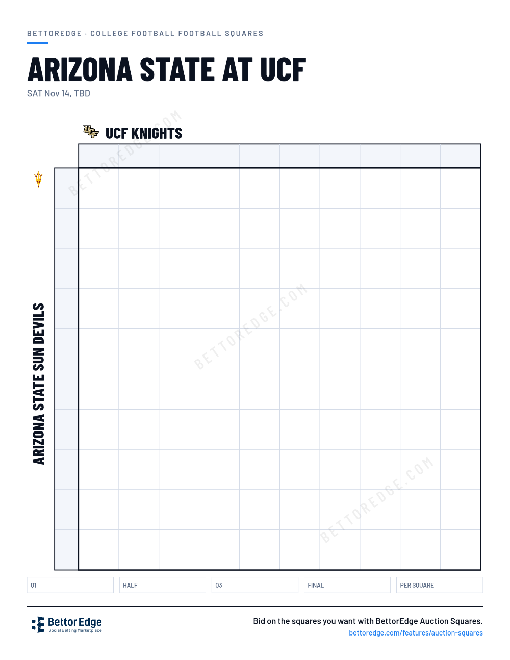 Arizona State at UCF squares, free printable 10x10 football squares grid
