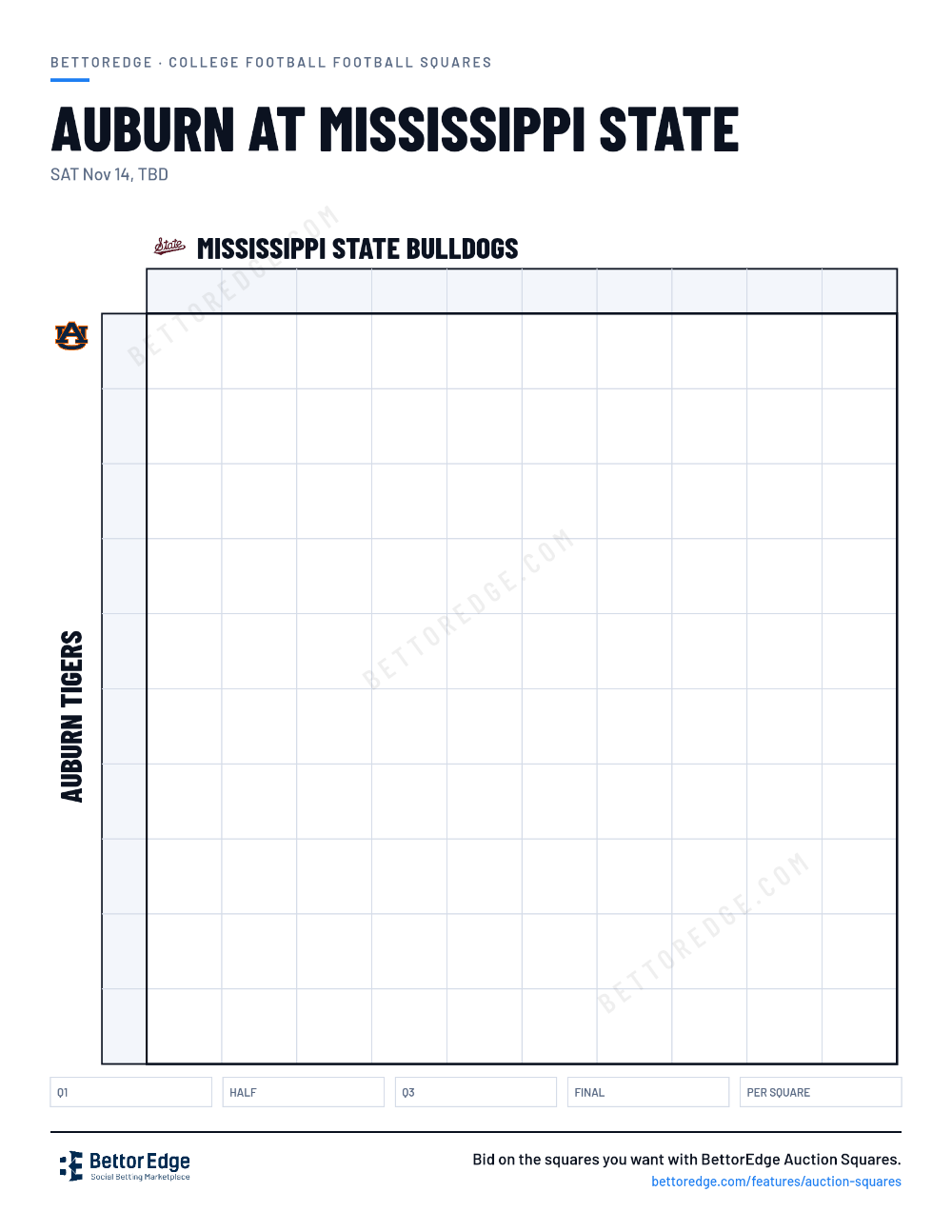Auburn at Mississippi State squares, free printable 10x10 football squares grid
