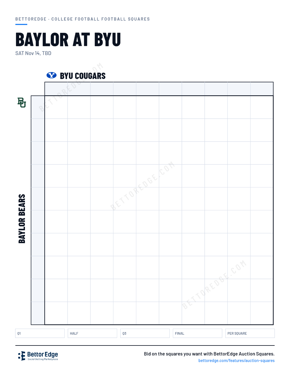 Baylor at BYU squares, free printable 10x10 football squares grid