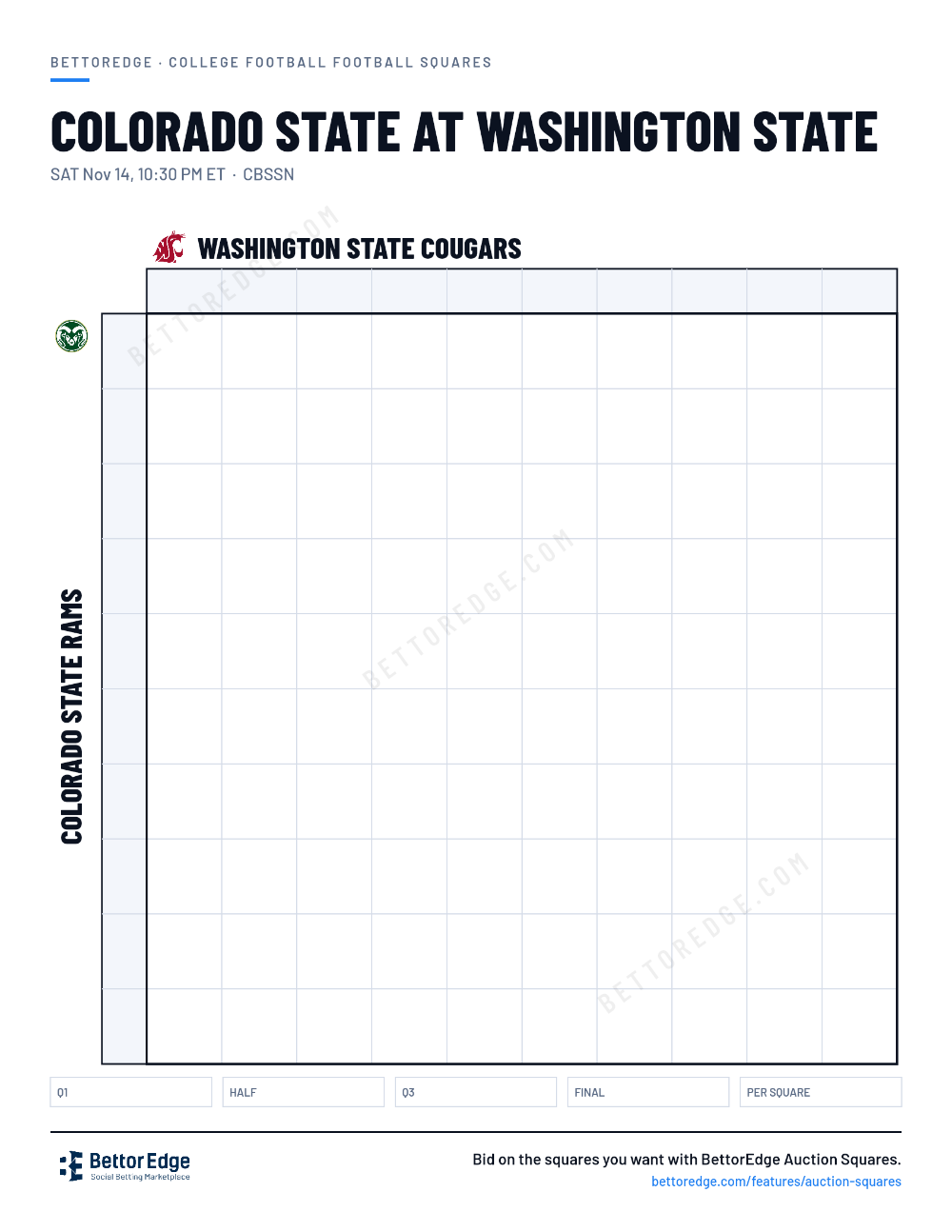 Colorado State at Washington State squares, free printable 10x10 football squares grid