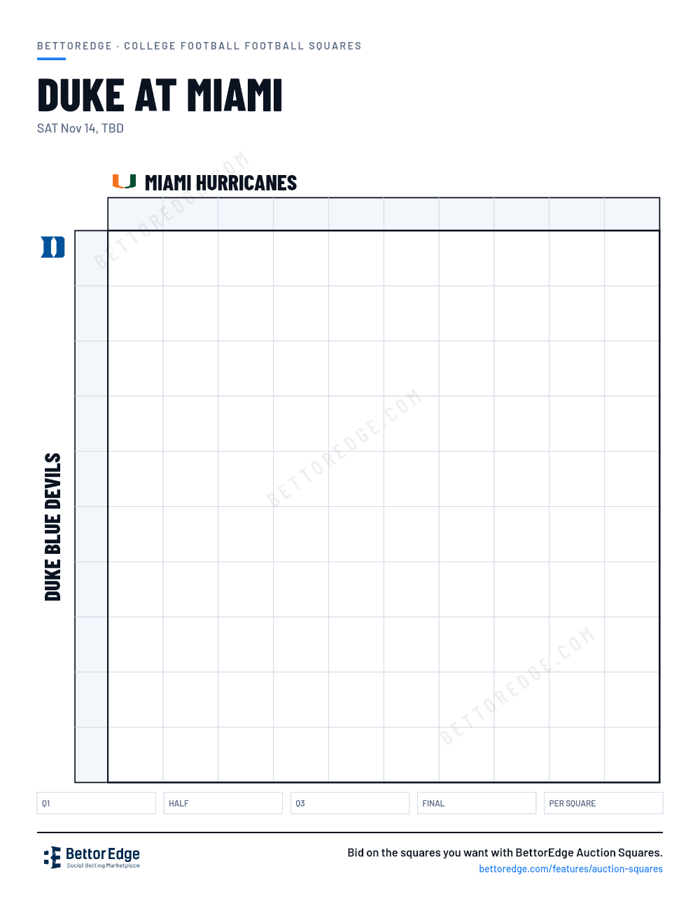Duke at Miami squares, free printable 10x10 football squares grid