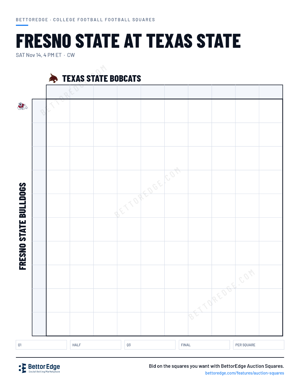 Fresno State at Texas State squares, free printable 10x10 football squares grid
