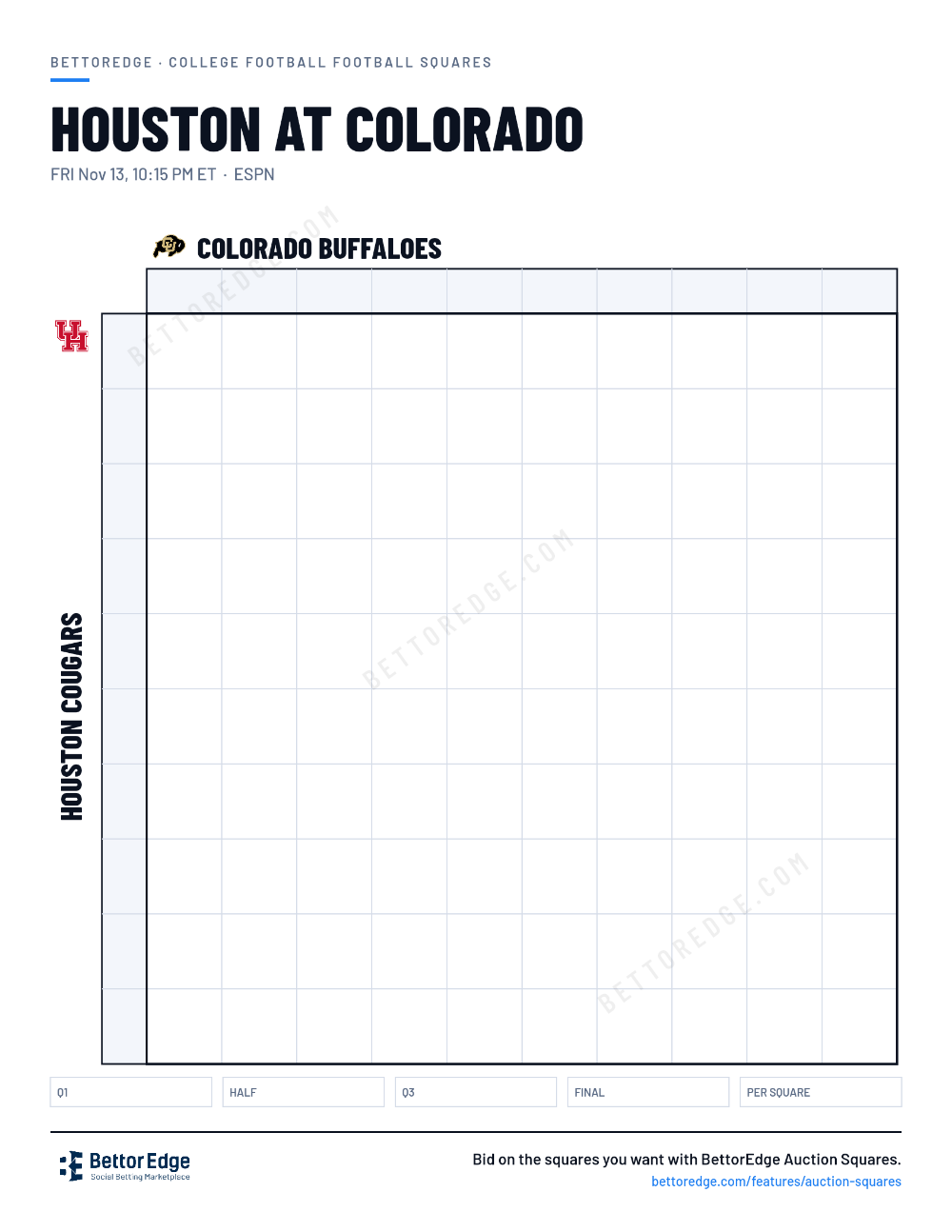 Houston at Colorado squares, free printable 10x10 football squares grid
