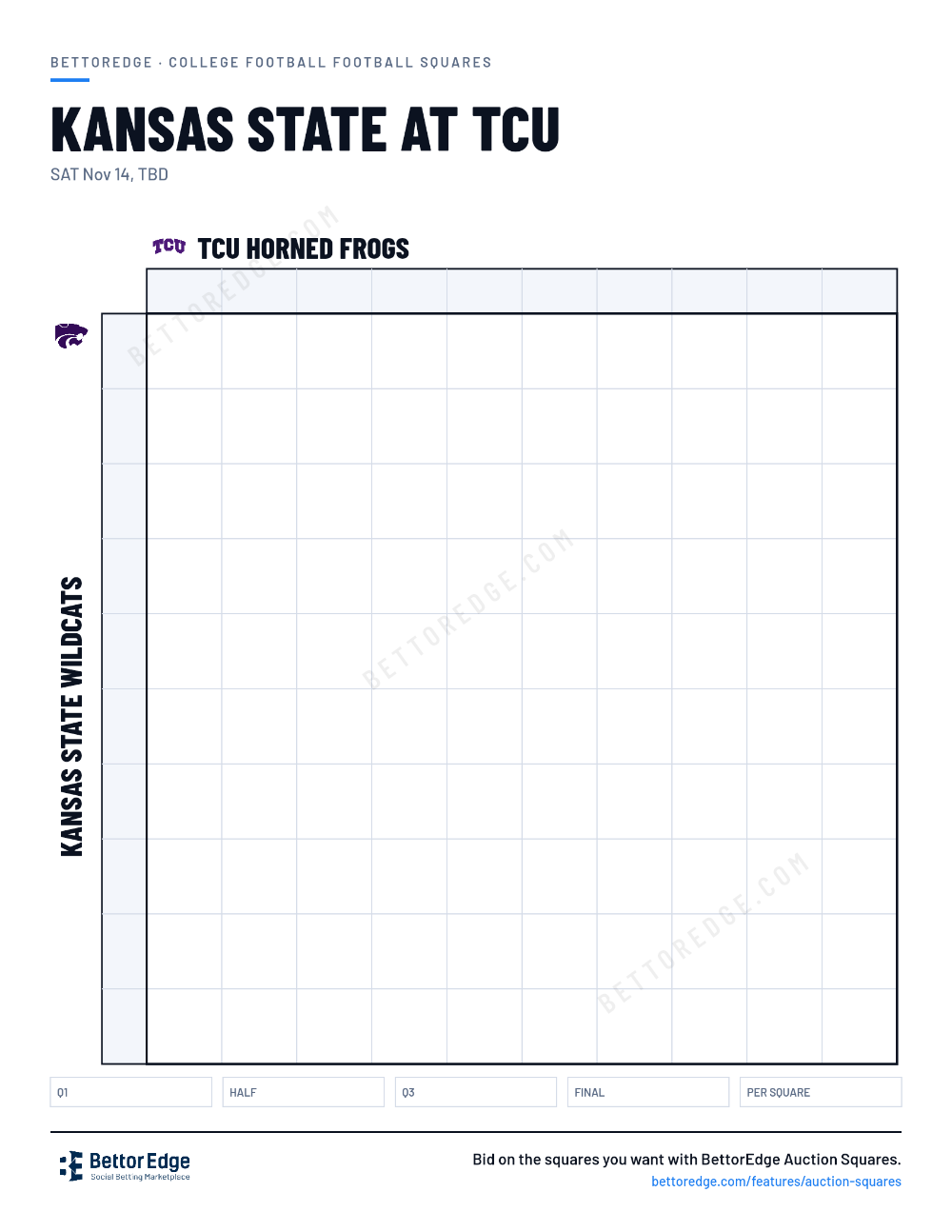 Kansas State at TCU squares, free printable 10x10 football squares grid