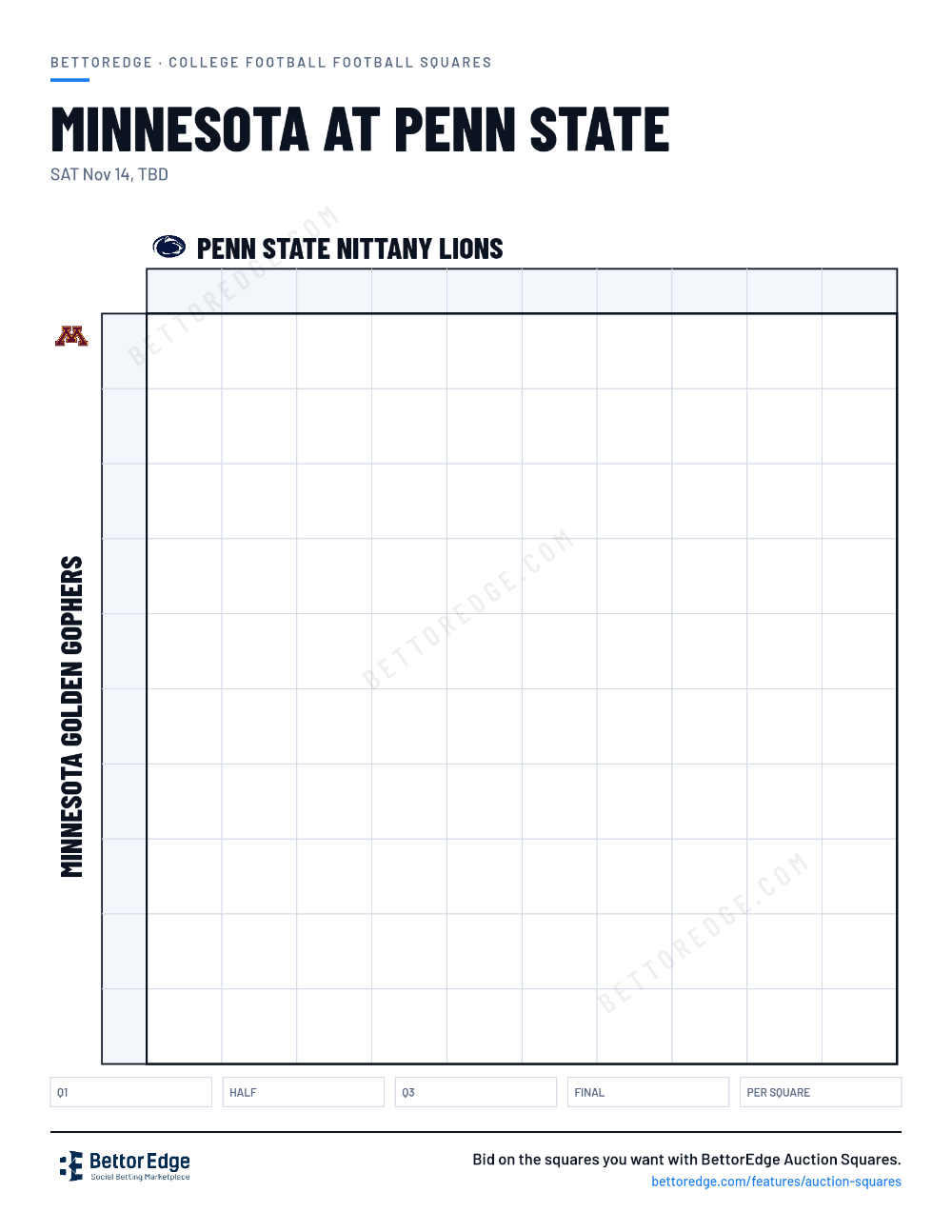 Minnesota at Penn State squares, free printable 10x10 football squares grid