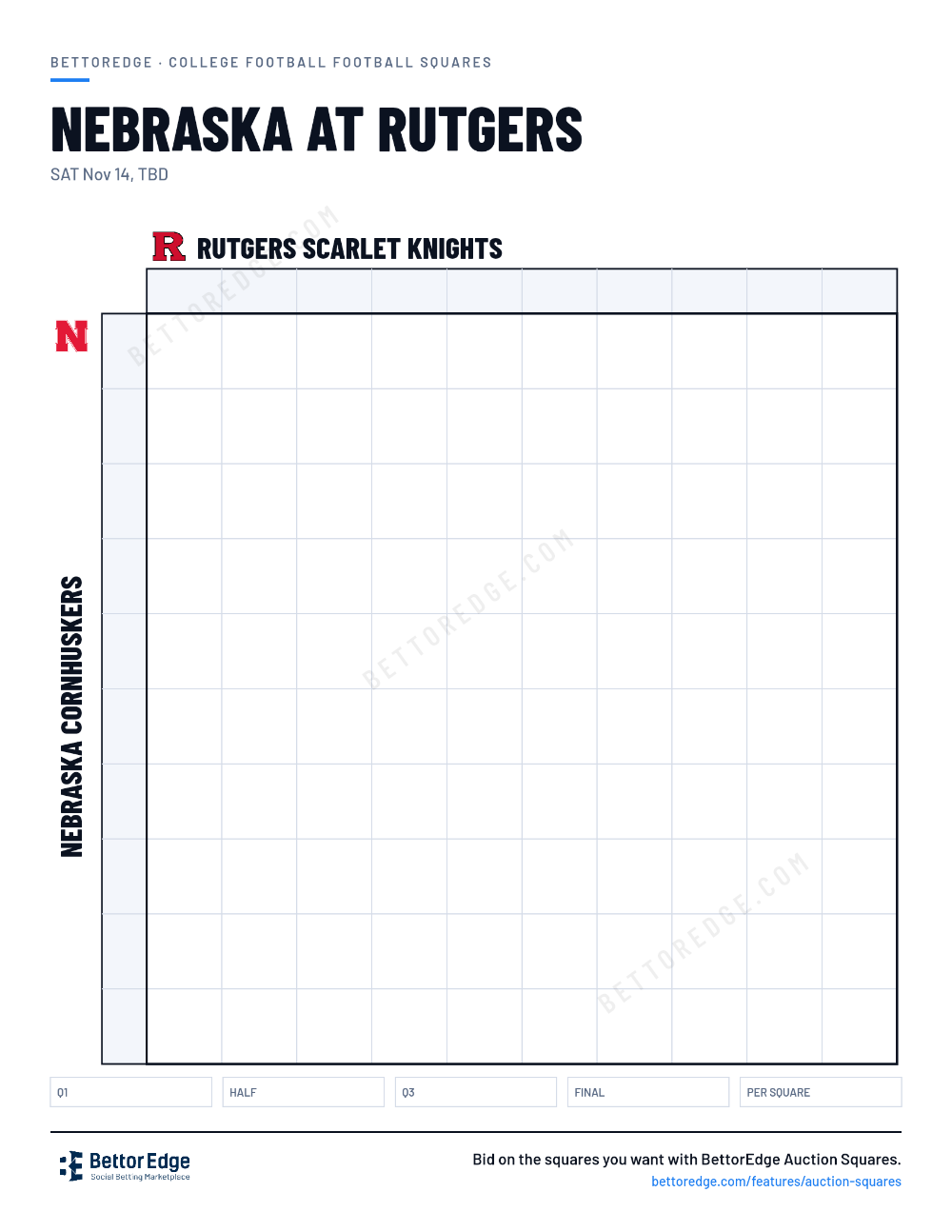 Nebraska at Rutgers squares, free printable 10x10 football squares grid