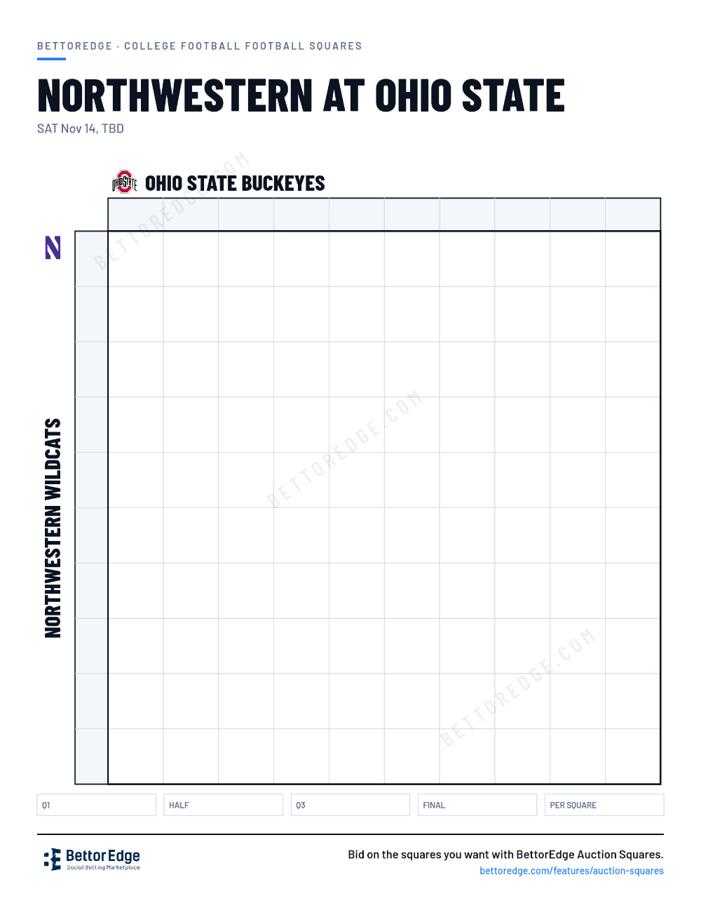 Northwestern at Ohio State squares, free printable 10x10 football squares grid