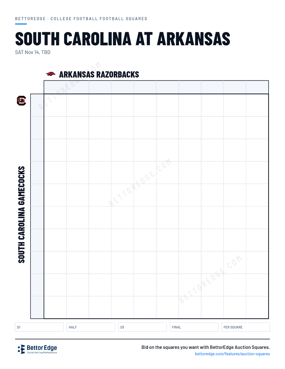South Carolina at Arkansas squares, free printable 10x10 football squares grid