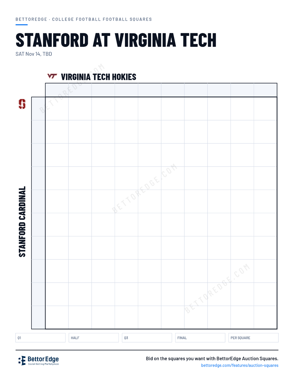 Stanford at Virginia Tech squares, free printable 10x10 football squares grid