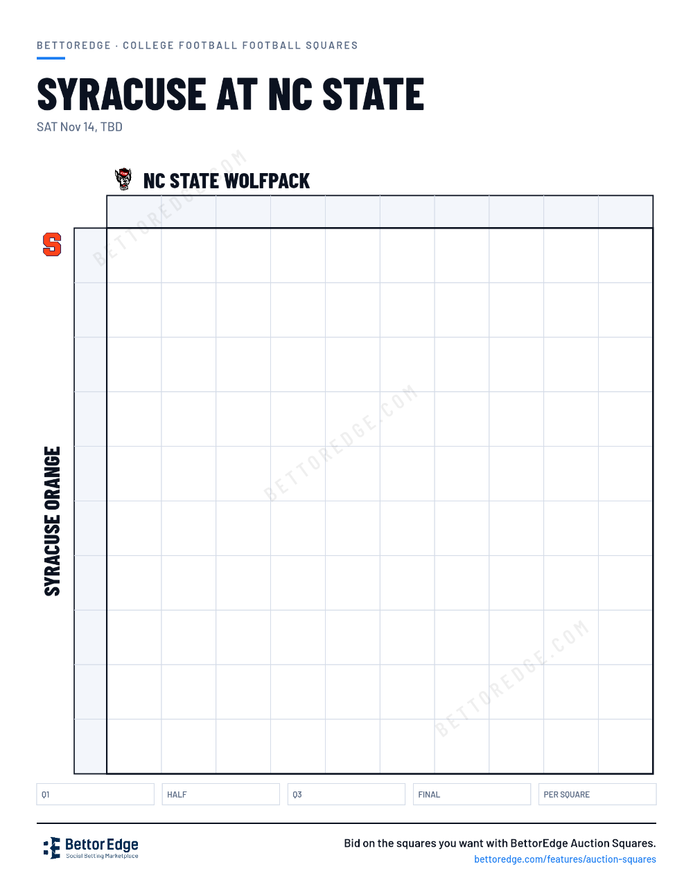Syracuse at NC State squares, free printable 10x10 football squares grid