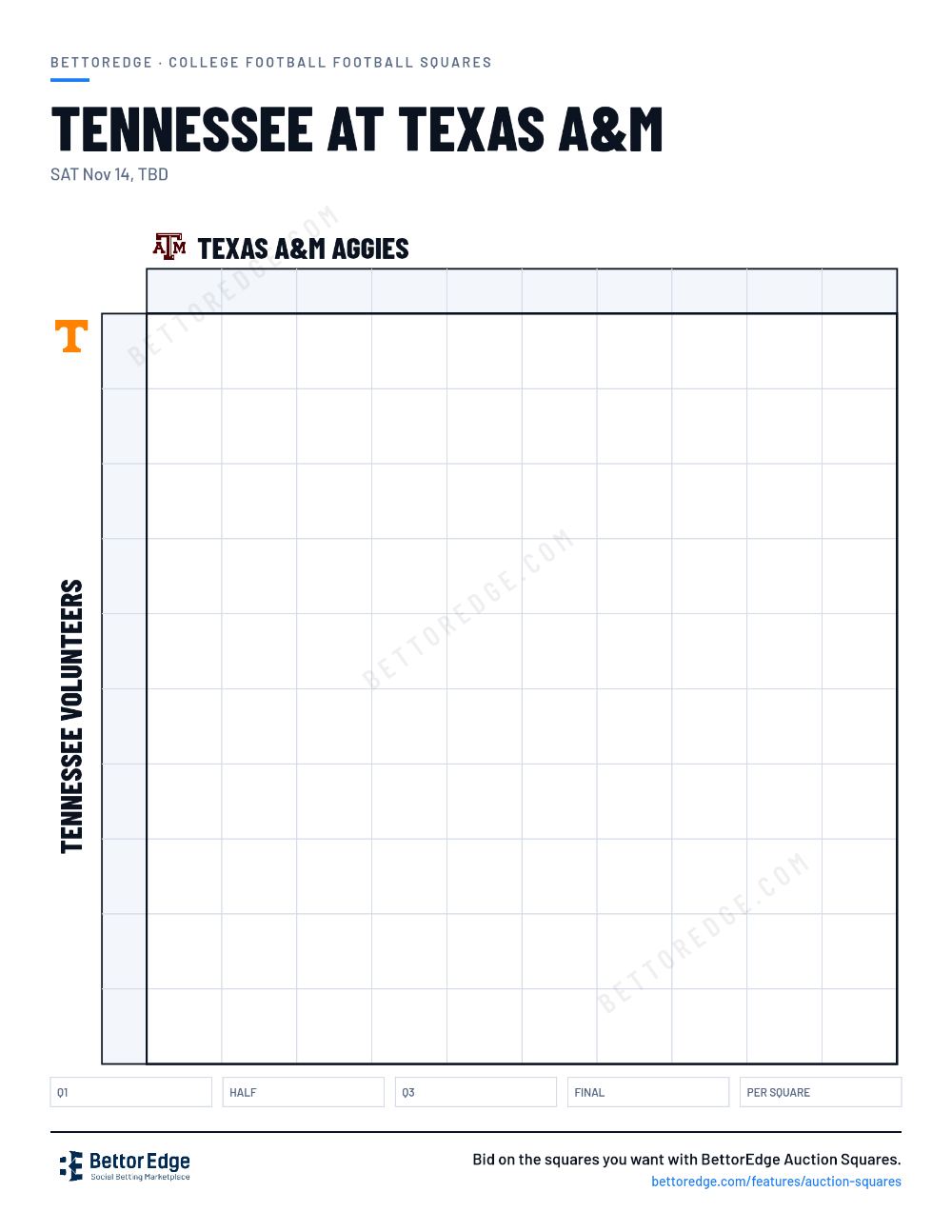 Tennessee at Texas A&M squares, free printable 10x10 football squares grid