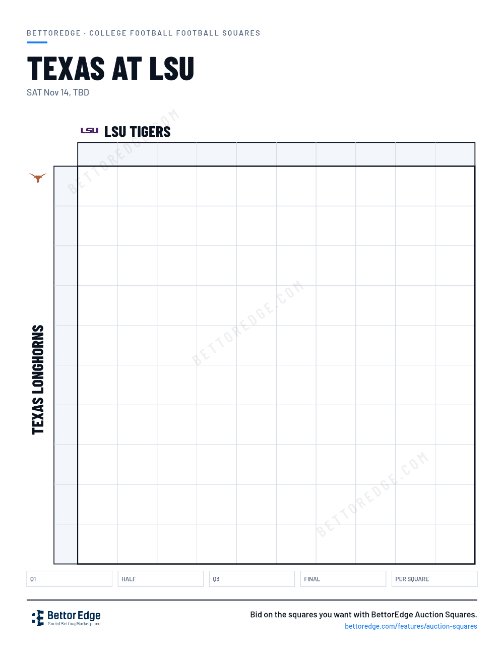 Texas at LSU squares, free printable 10x10 football squares grid