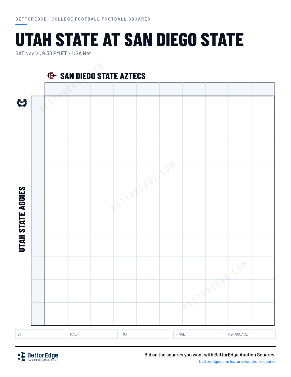 Utah State at San Diego State squares, free printable 10x10 football squares grid