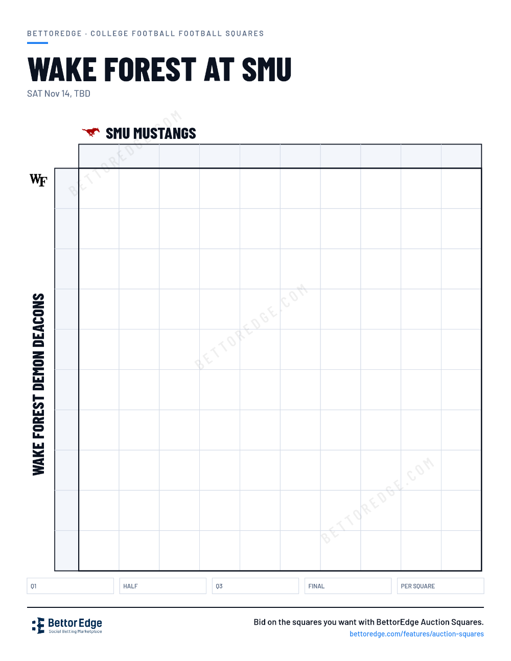 Wake Forest at SMU squares, free printable 10x10 football squares grid