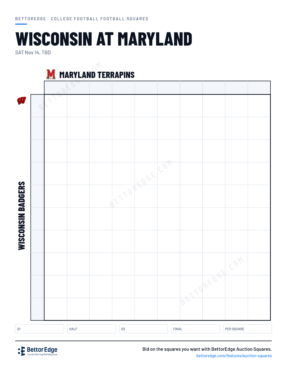 Wisconsin at Maryland squares, free printable 10x10 football squares grid