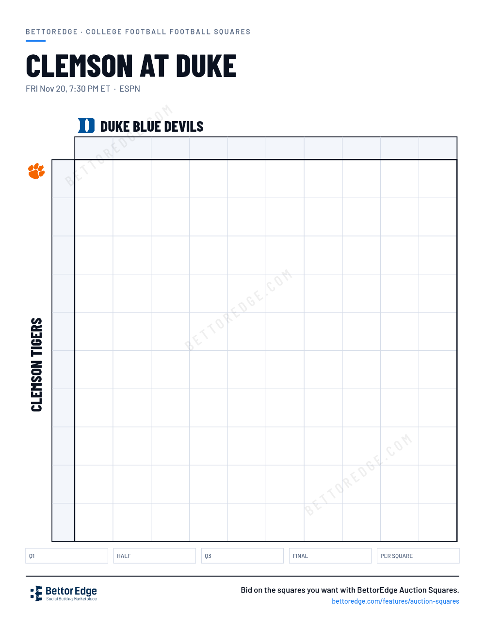 Clemson at Duke squares, free printable 10x10 football squares grid