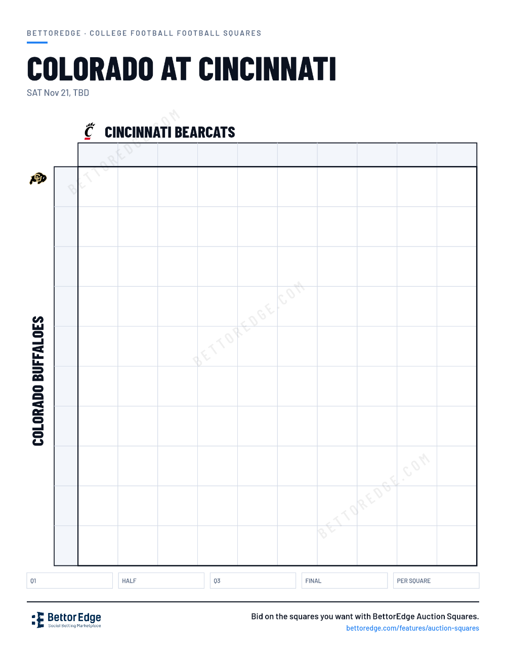Colorado at Cincinnati squares, free printable 10x10 football squares grid