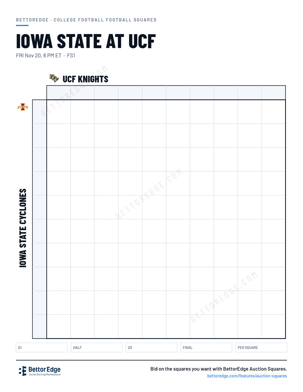 Iowa State at UCF squares, free printable 10x10 football squares grid