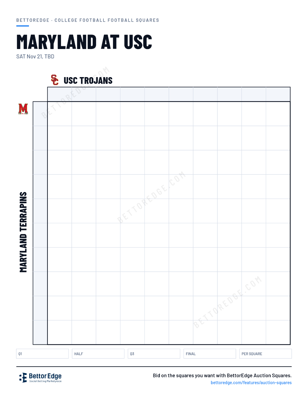 Maryland at USC squares, free printable 10x10 football squares grid