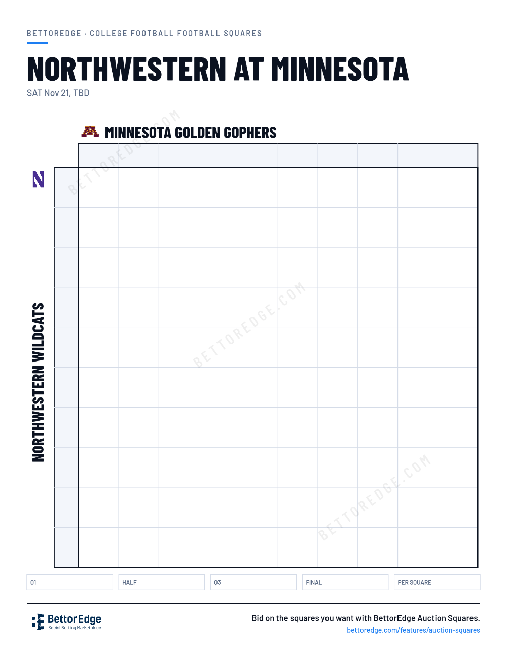Northwestern at Minnesota squares, free printable 10x10 football squares grid