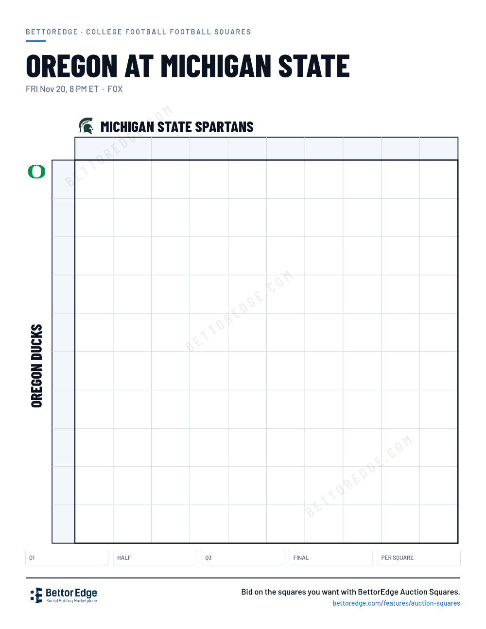 Oregon at Michigan State squares, free printable 10x10 football squares grid