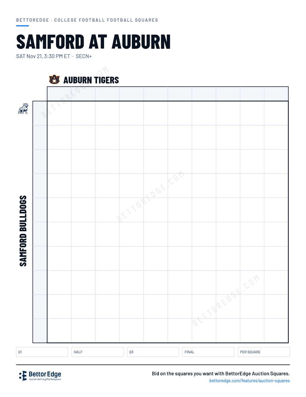 Samford at Auburn squares, free printable 10x10 football squares grid
