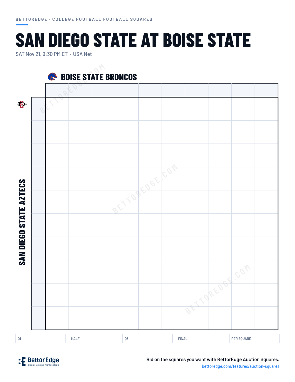 San Diego State at Boise State squares, free printable 10x10 football squares grid