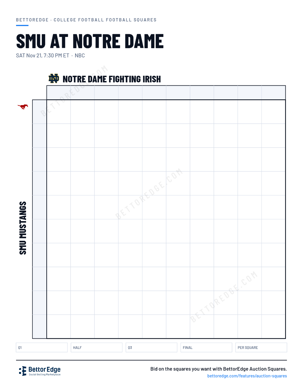 SMU at Notre Dame squares, free printable 10x10 football squares grid