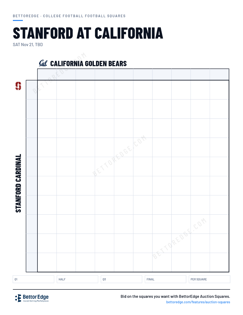 Stanford at California squares, free printable 10x10 football squares grid