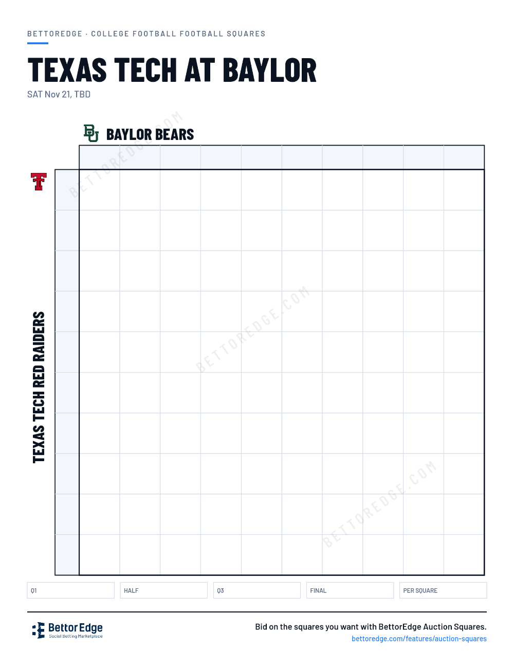 Texas Tech at Baylor squares, free printable 10x10 football squares grid