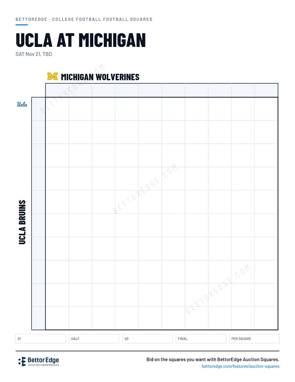 UCLA at Michigan squares, free printable 10x10 football squares grid