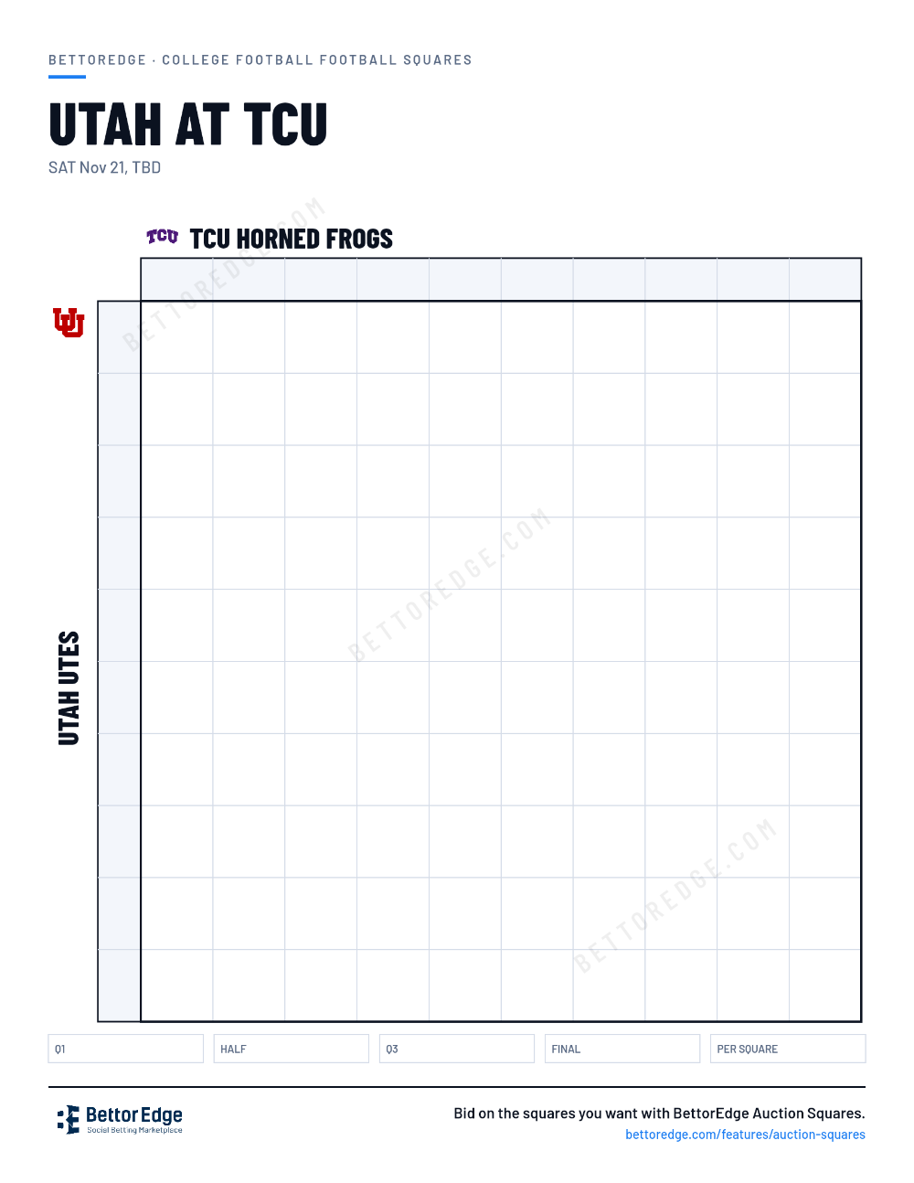 Utah at TCU squares, free printable 10x10 football squares grid