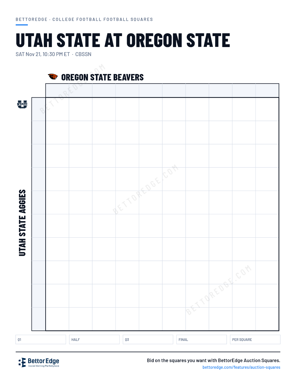 Utah State at Oregon State squares, free printable 10x10 football squares grid
