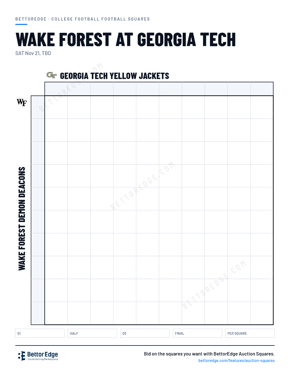 Wake Forest at Georgia Tech squares, free printable 10x10 football squares grid