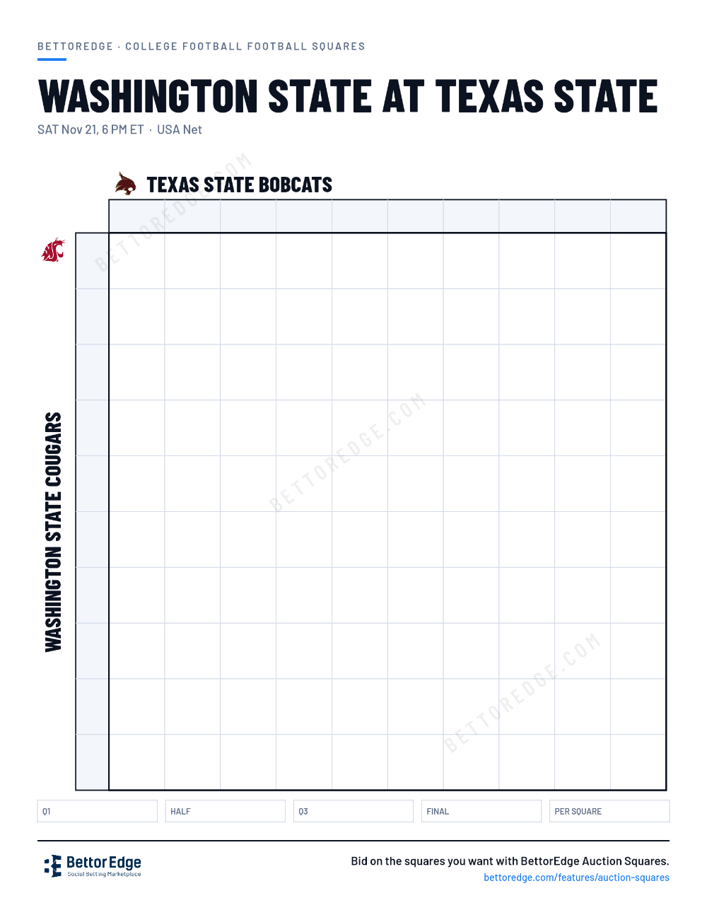Washington State at Texas State squares, free printable 10x10 football squares grid
