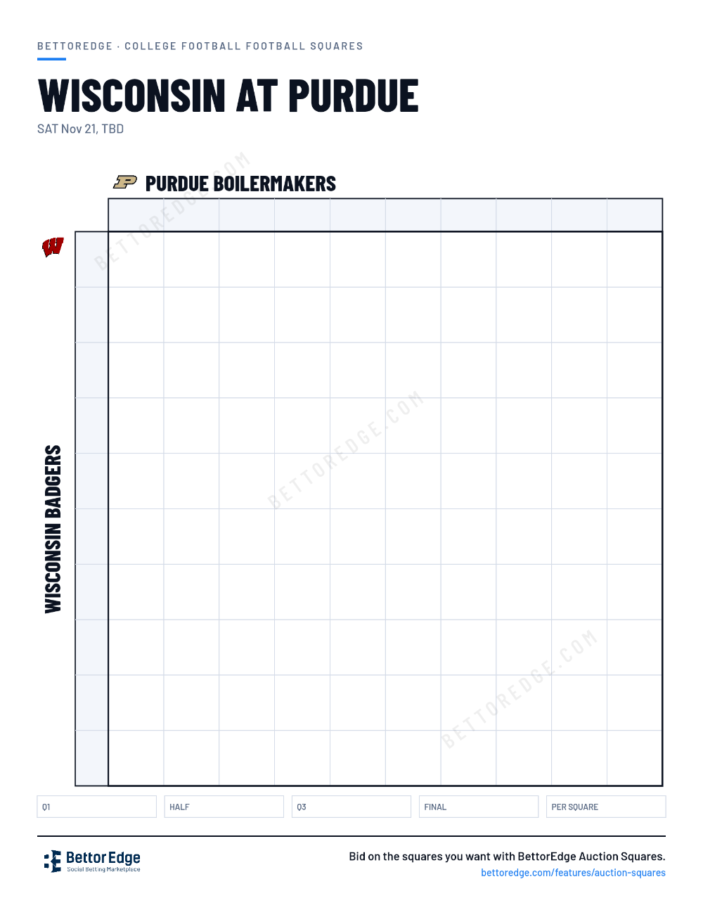 Wisconsin at Purdue squares, free printable 10x10 football squares grid