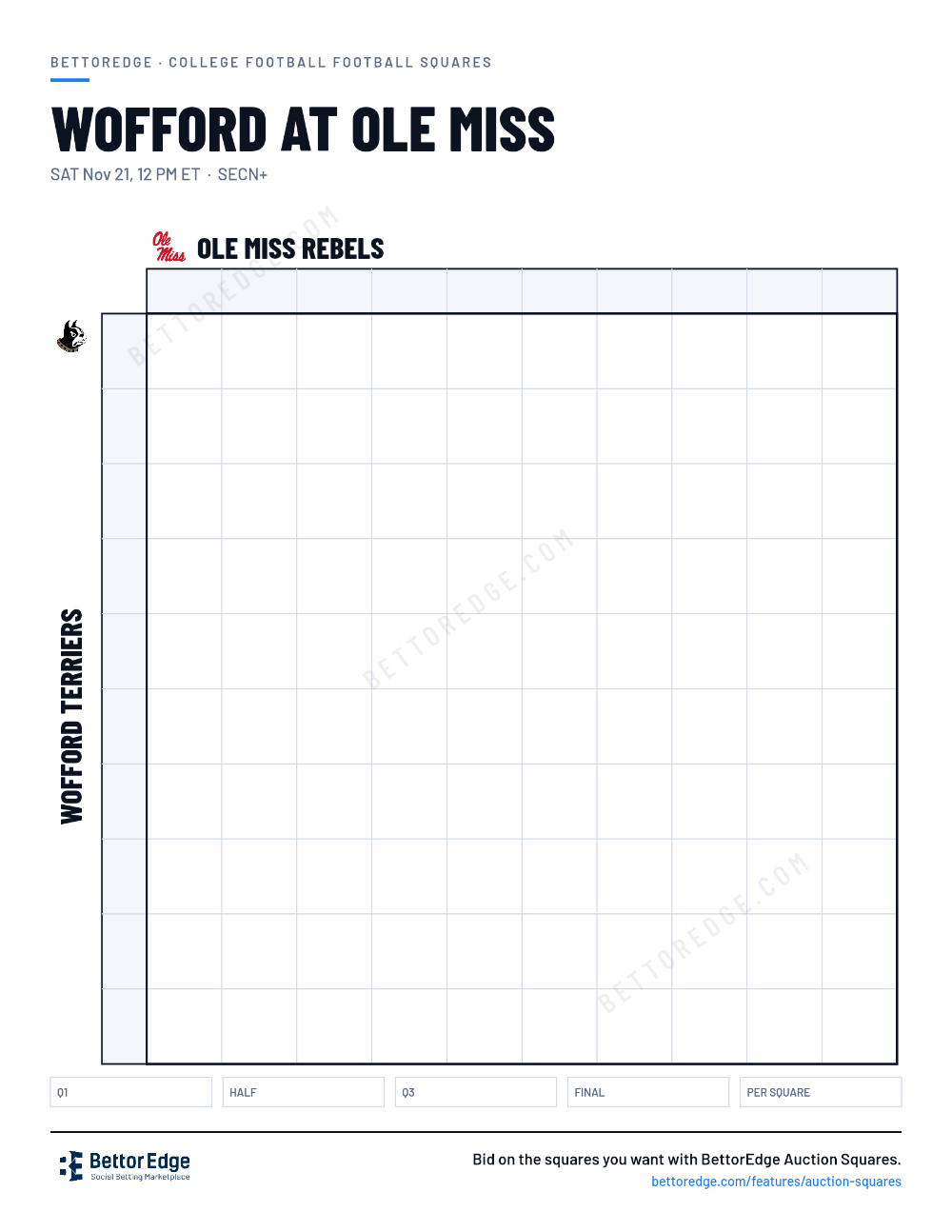 Wofford at Ole Miss squares, free printable 10x10 football squares grid