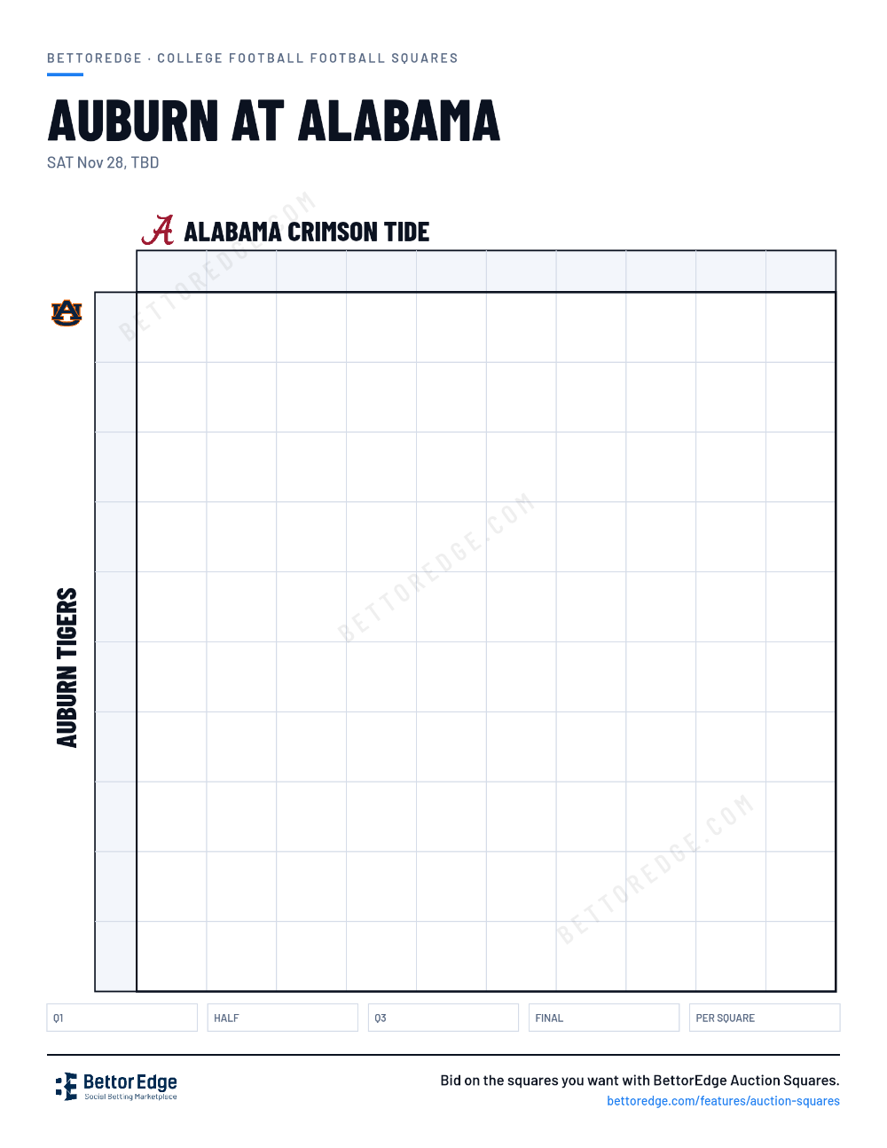 Auburn at Alabama squares, free printable 10x10 football squares grid
