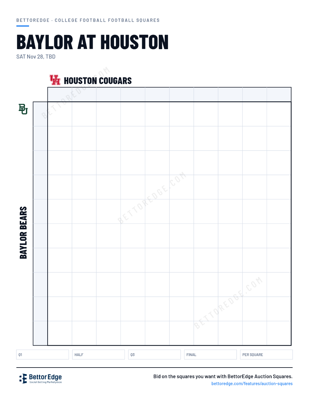 Baylor at Houston squares, free printable 10x10 football squares grid