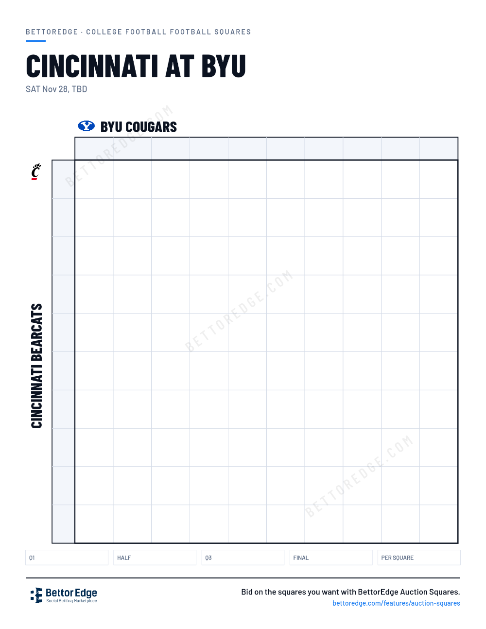 Cincinnati at BYU squares, free printable 10x10 football squares grid