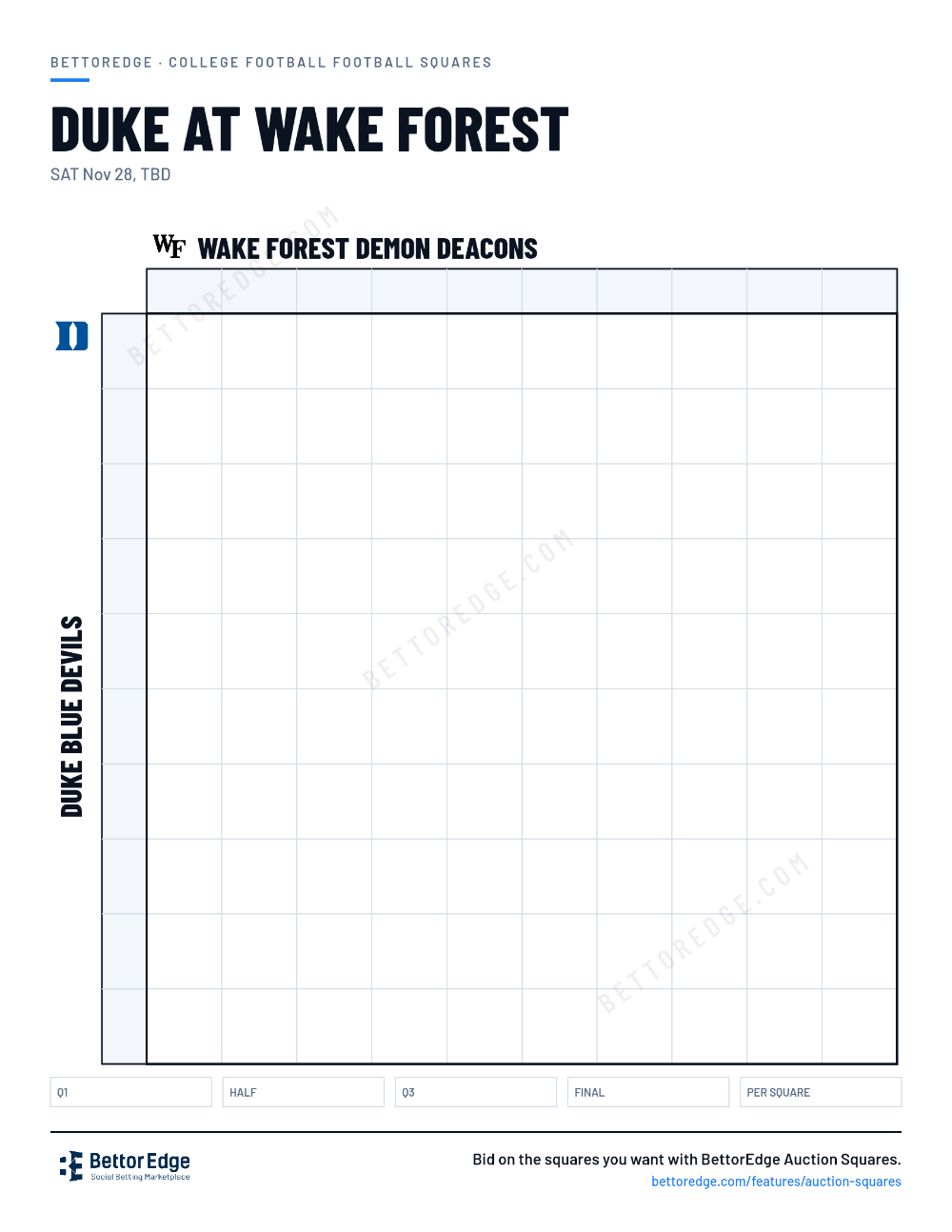 Duke at Wake Forest squares, free printable 10x10 football squares grid